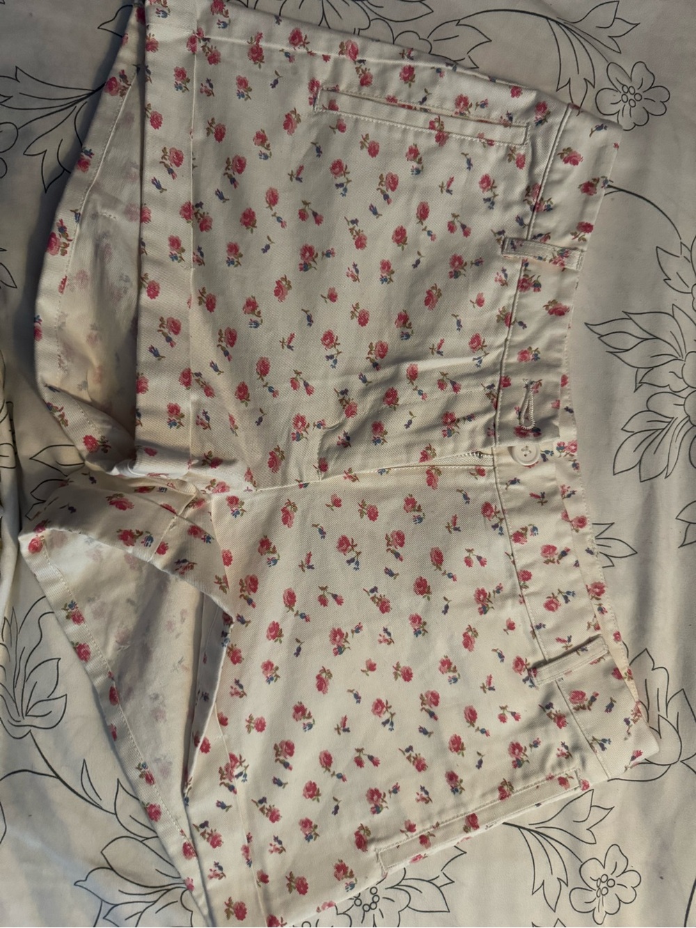 Brandy Melville White Denim Shorts with Pink Rose Print